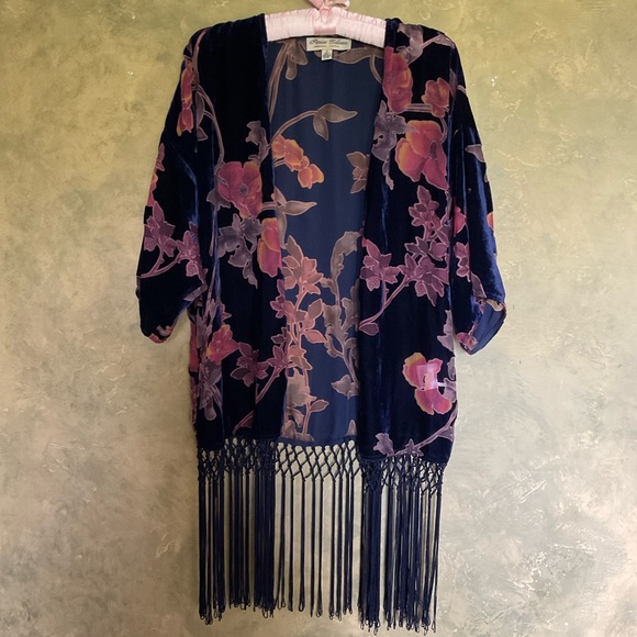 Parisian Collection Jackets & Blazers - Parisian Collection Floral Burnout Velvet Fringe Kimono